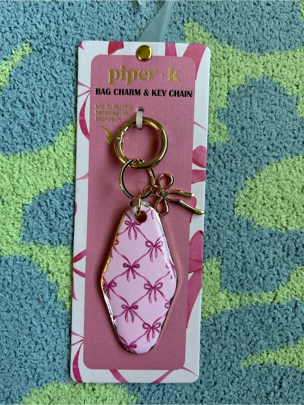 Piper K Bag Charm & Key Chain Pink Bows Gold Accents New